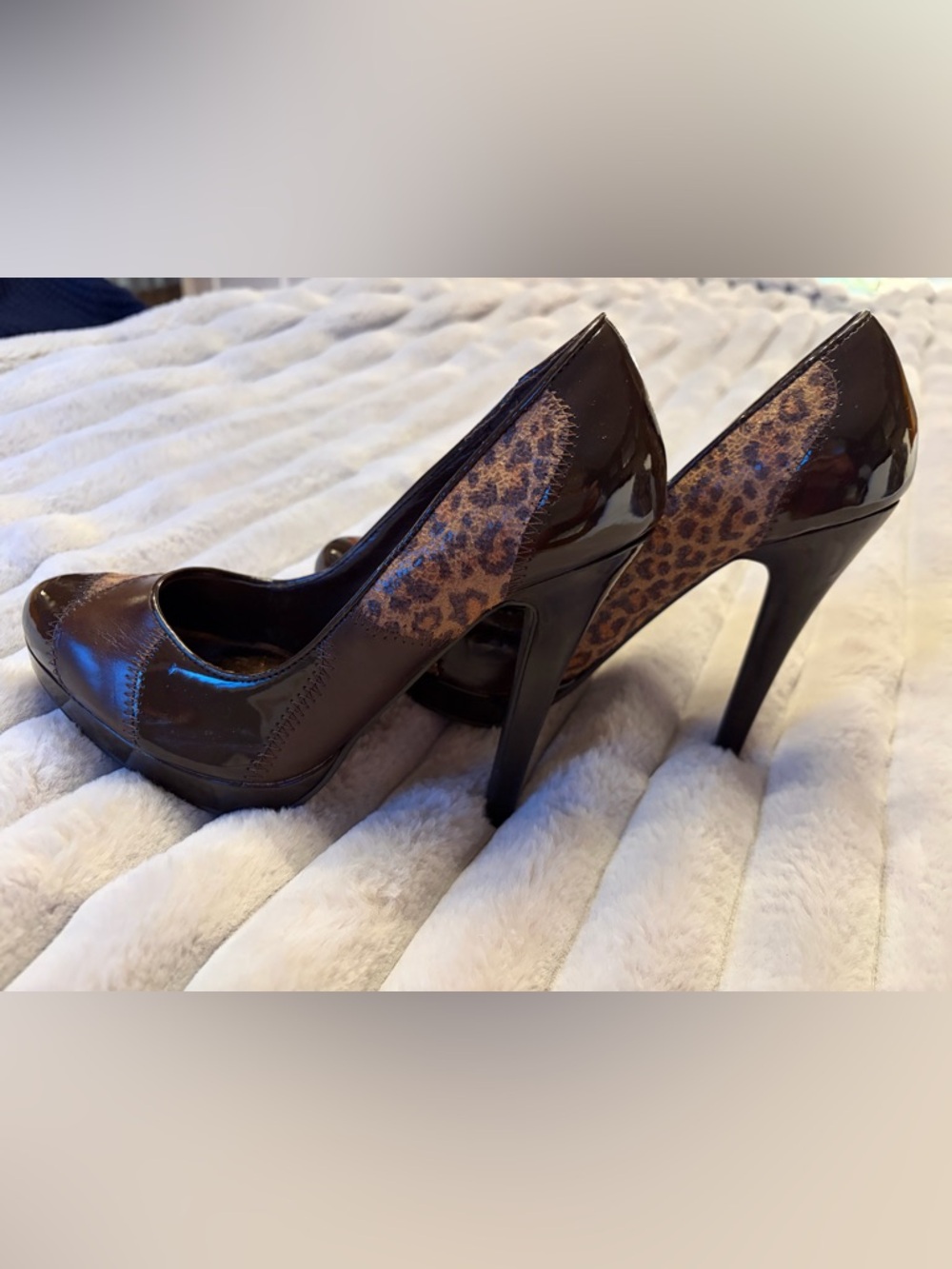 Spring Brown Leopard Accent Faux Patent Leather High Heel Pumps NWOT